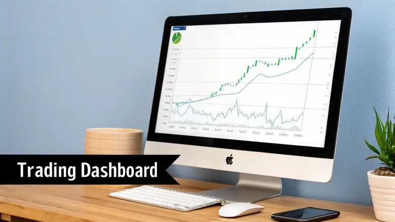 Trading dashboard on an iMac, showing stock charts, with keyboard, mouse, and phone on a desk.