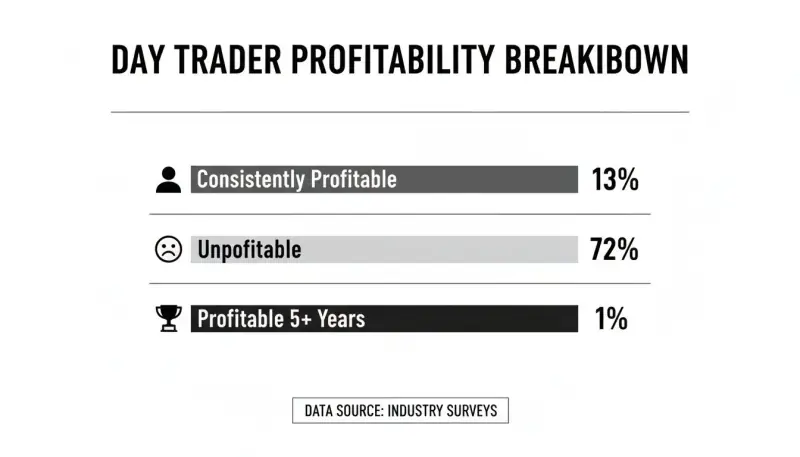 Day trader profitability: 13% consistently profitable, 72% unprofitable, 1% profitable after five years.