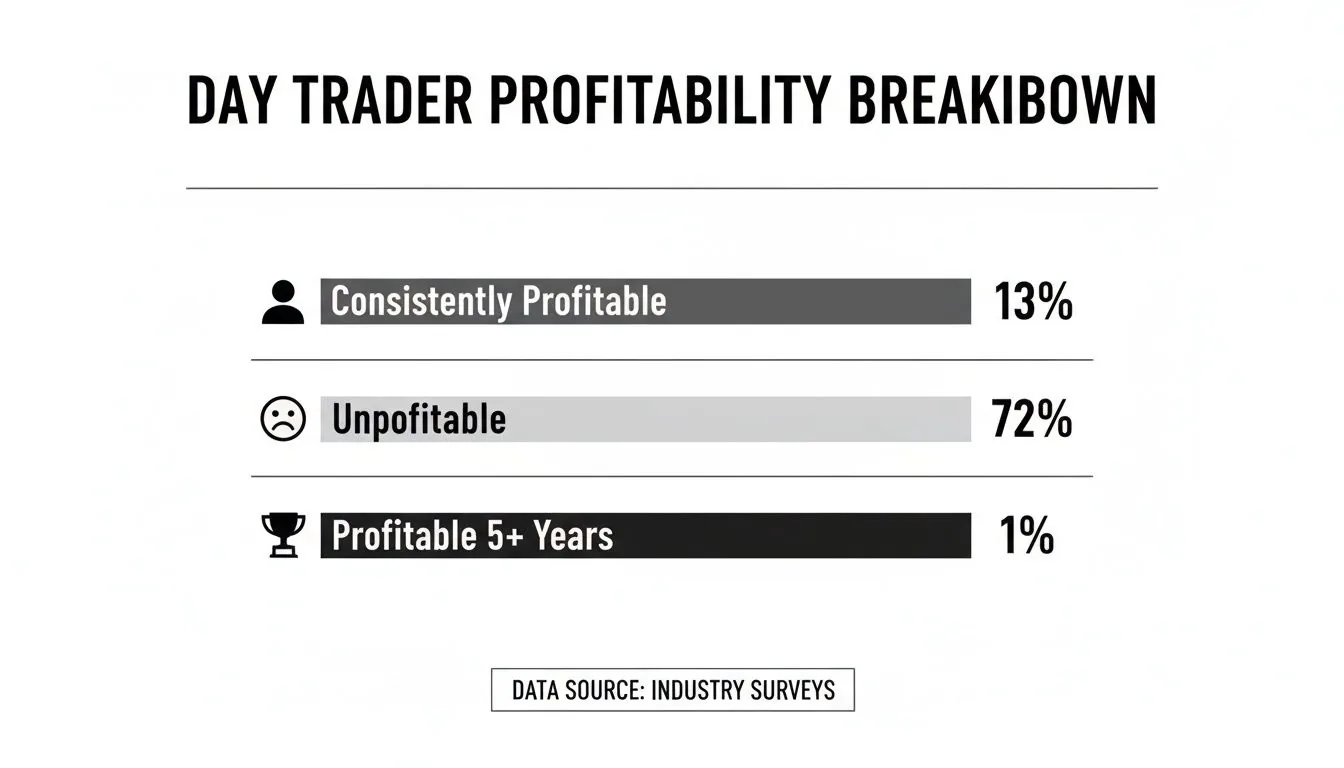 Infographic showing day trader profitability breakdown: 13% consistently profitable, 72% unprofitable, 1% profitable 5+ years