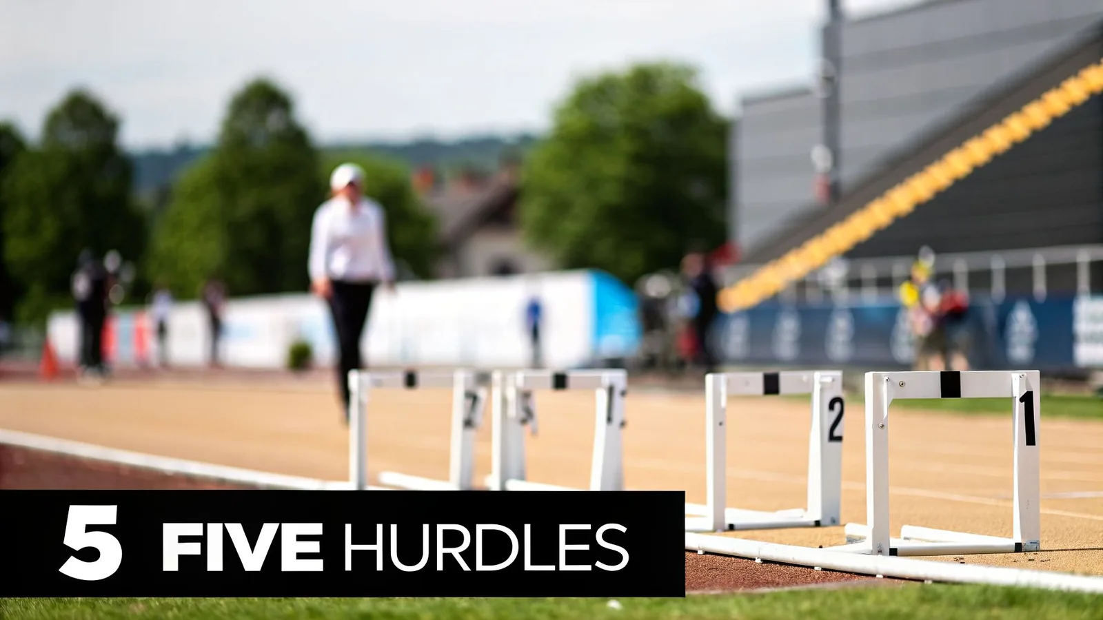 White hurdles numbered 1 and 2 on a running track