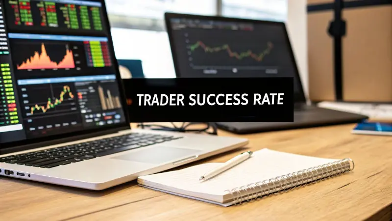 Laptop on a desk with stock charts; banner reads UNDER 15% Profitable