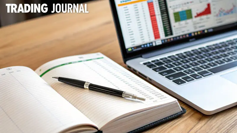 Pen on an open trading journal beside a laptop with financial data
