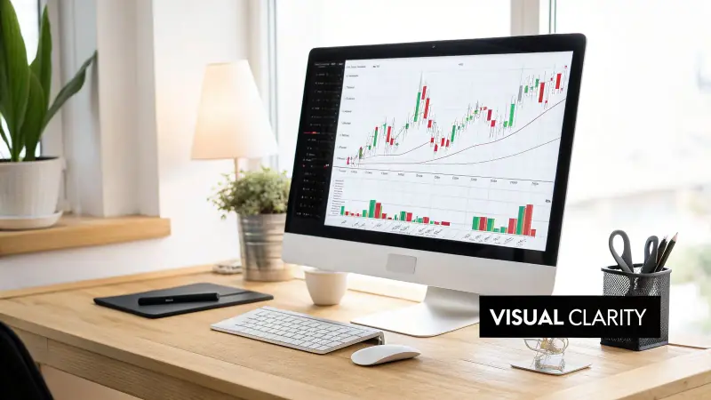 Trading desk with monitor showing financial charts