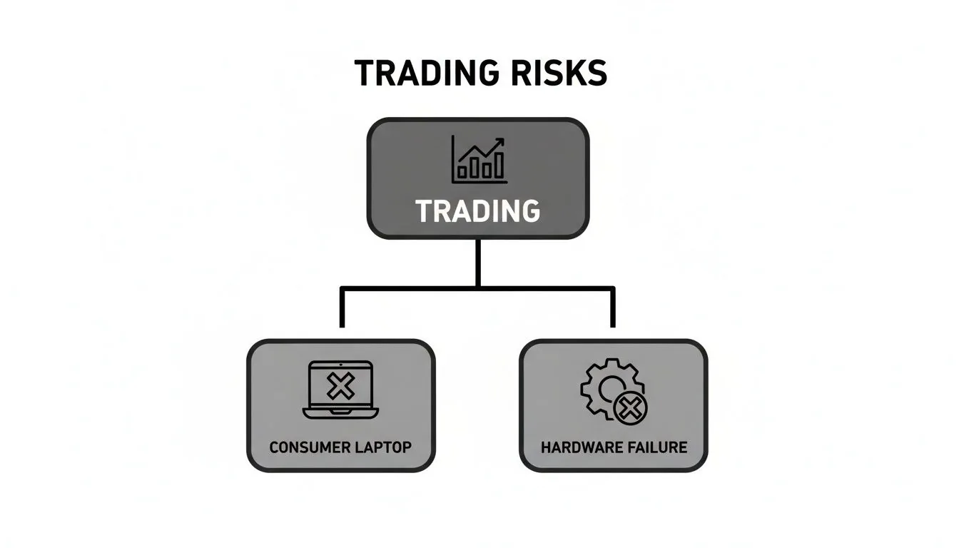 A diagram titled 'Trading Risks' showing trading linked to consumer laptop issues and hardware failure.