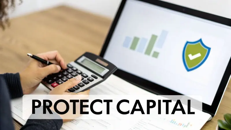 A person uses a calculator and pen, looking at a laptop screen with a bar graph and security shield icon.