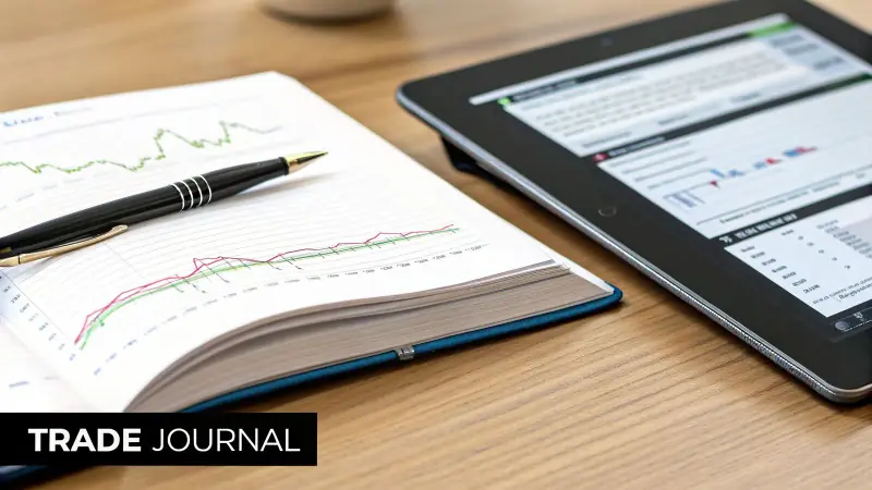 An open trade journal with financial charts and a pen, next to a tablet displaying market data.