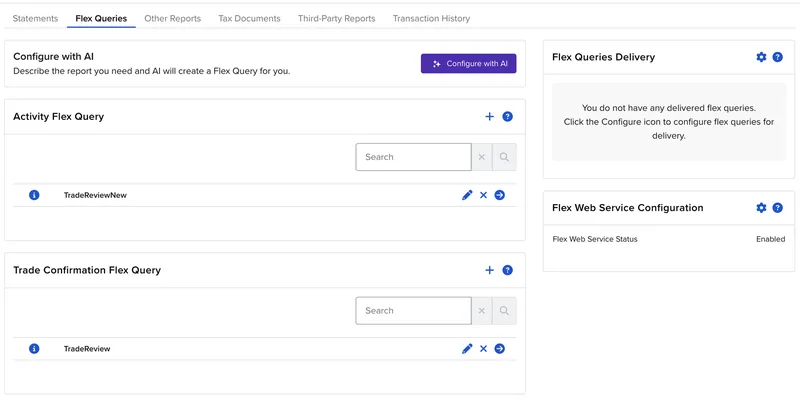 IBKR Client Portal Flex Queries page with Activity Flex Query, Trade Confirmation Flex Query and Flex Web Service Configuration panels