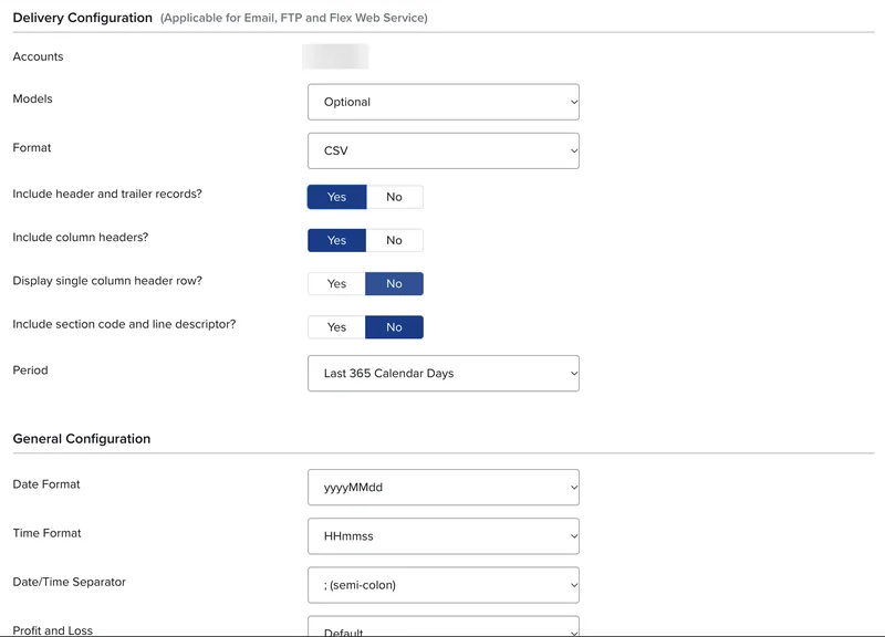 IBKR Activity Flex Query delivery settings: CSV format, header and trailer records Yes, period Last 365 Calendar Days, yyyyMMdd and HHmmss